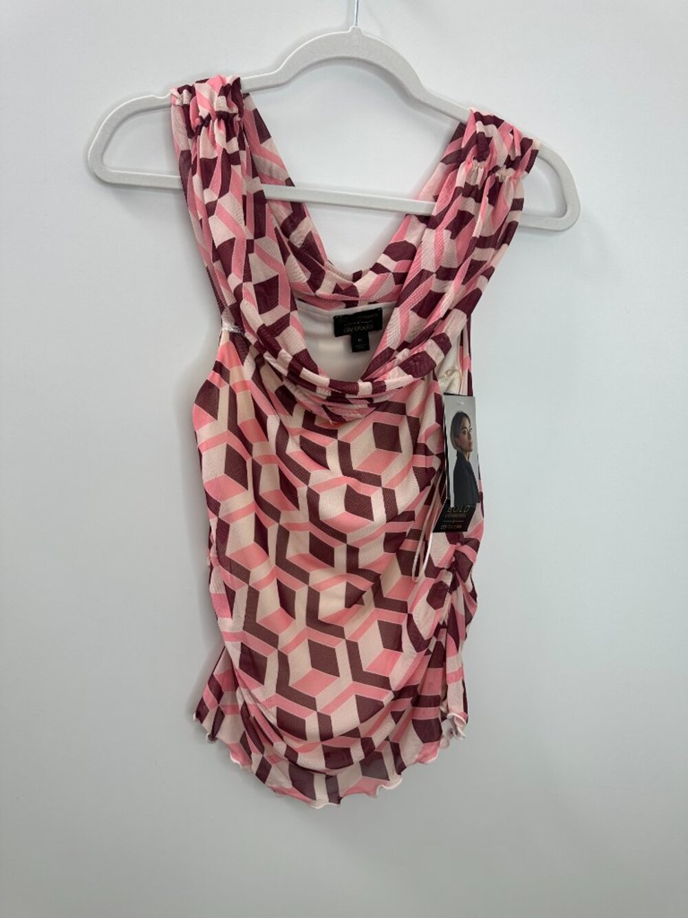 NWT Bold Elements x Ally Brooke Geo Print Mesh Top Ruched Off Shoulder Office - Picture 8 of 8